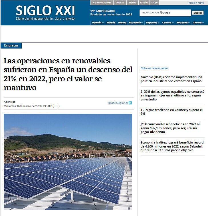 Las operaciones en renovables sufrieron en Espaa un descenso del 21% en 2022, pero el valor se mantuvo